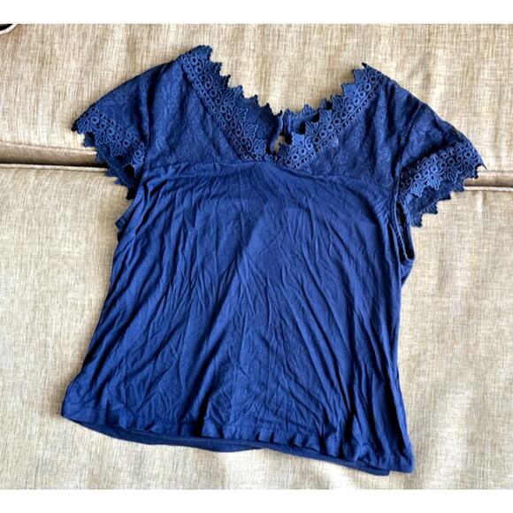 Venus Blue Blouse‎ Women's Embroidery Lace Short Sleeve V Neck Keyhole Viscose L - Picture 4 of 13
